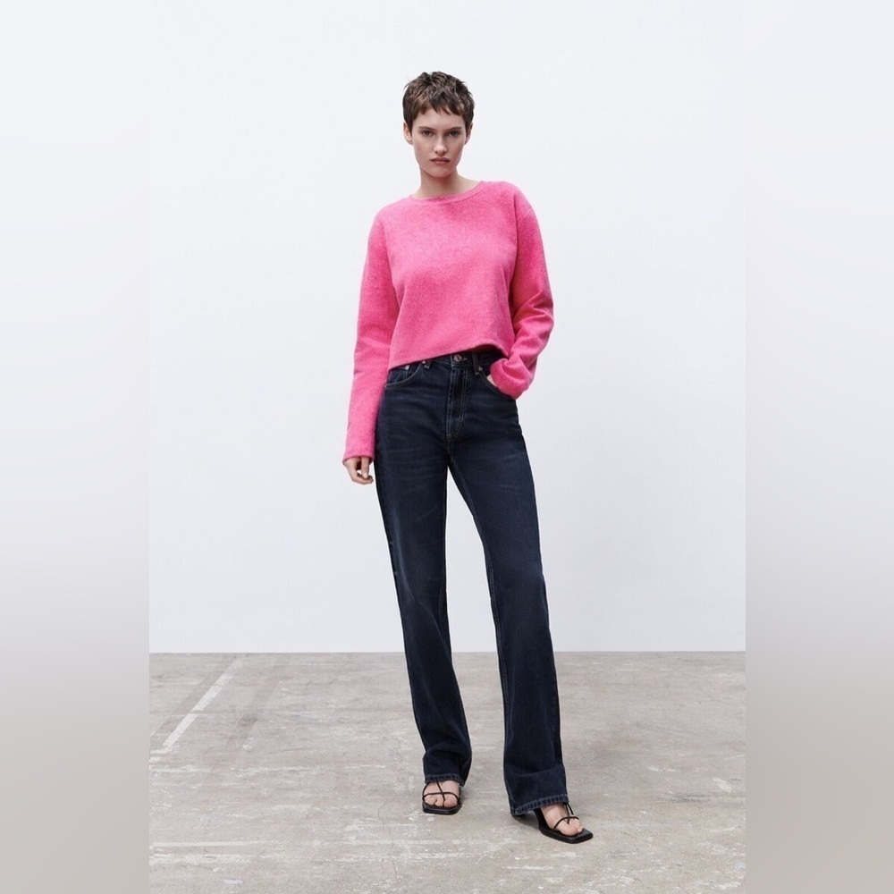 Zara Marled Fuschia Pink Cozy Cropped Crewneck Sweater